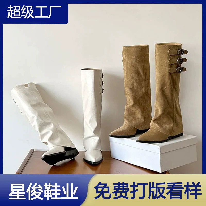 Retro Pointed Long Tube Pants Boots for Women 2025 Autumn Winter Belt Buckle Knee High