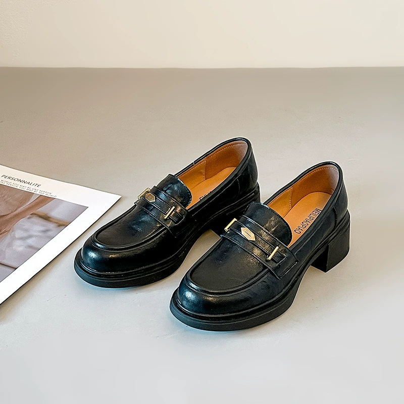 Frühling Neue Dicksohle Loafer Damen Büro Retro Blockabsatz Slip-on