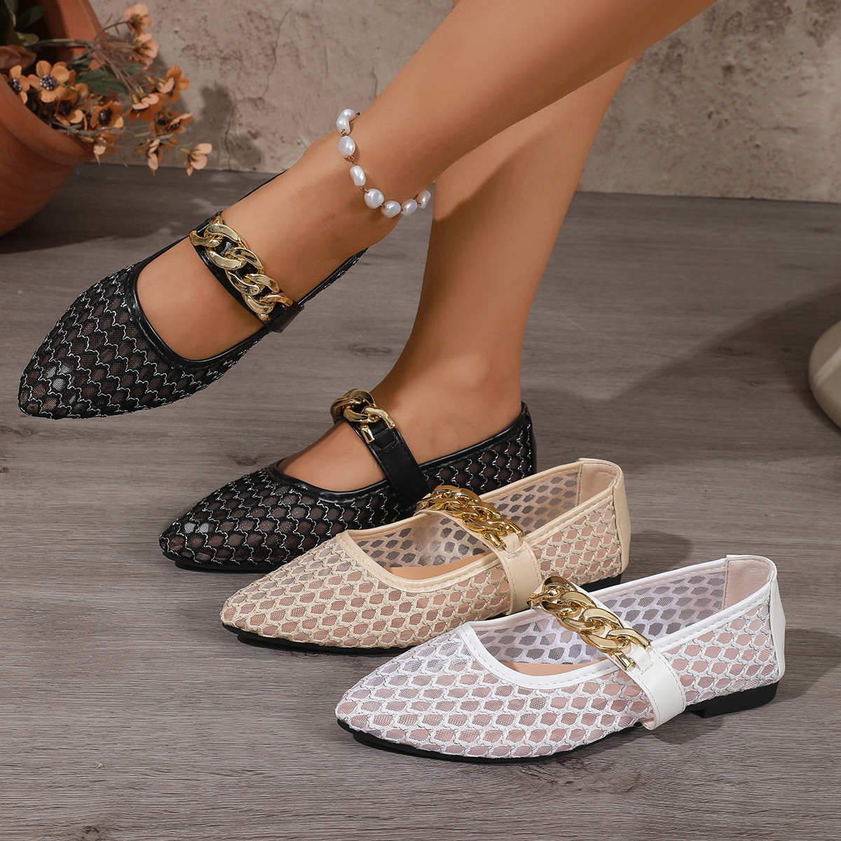 Women's Mesh Cutout Mary Jane Flats · YANYAN China shoe factory
