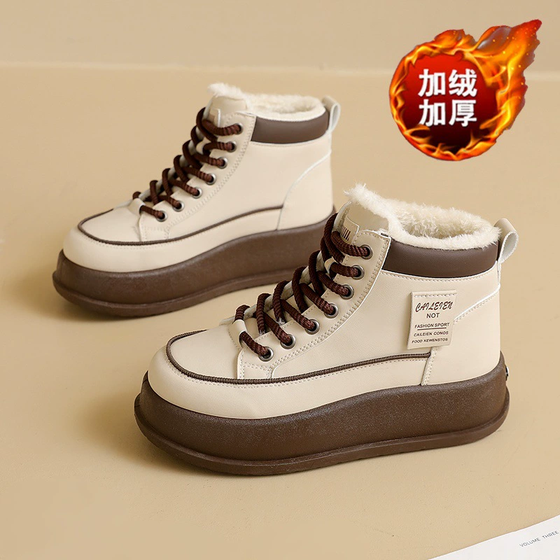 Fur-Lined High-Top Snow Boots for Women 2025 Winter, Thick Warm Cotton, Platform Casual Short Boots