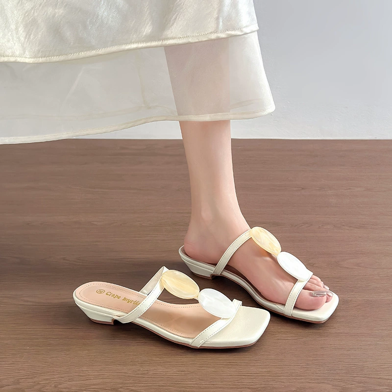 Sandálias Femininas Couro Macio Salto Chunky 3cm Concha Romana Fivela Bico Quadrado Dupla Tira