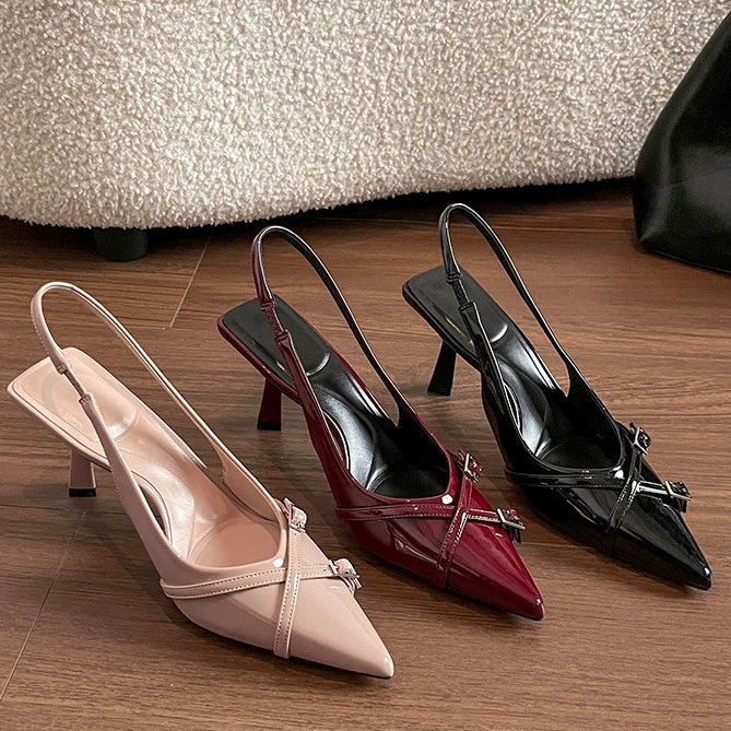 Damen Rote Spitze Stiletto-Absatz Offener Rücken Sandalen Sommer Elegant