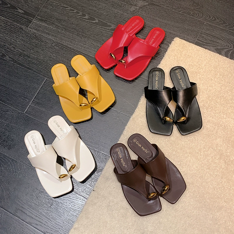 Damen Quadratische Zehe Metall Schnalle Niedriger Absatz Slides Sandalen Sommer Trendy