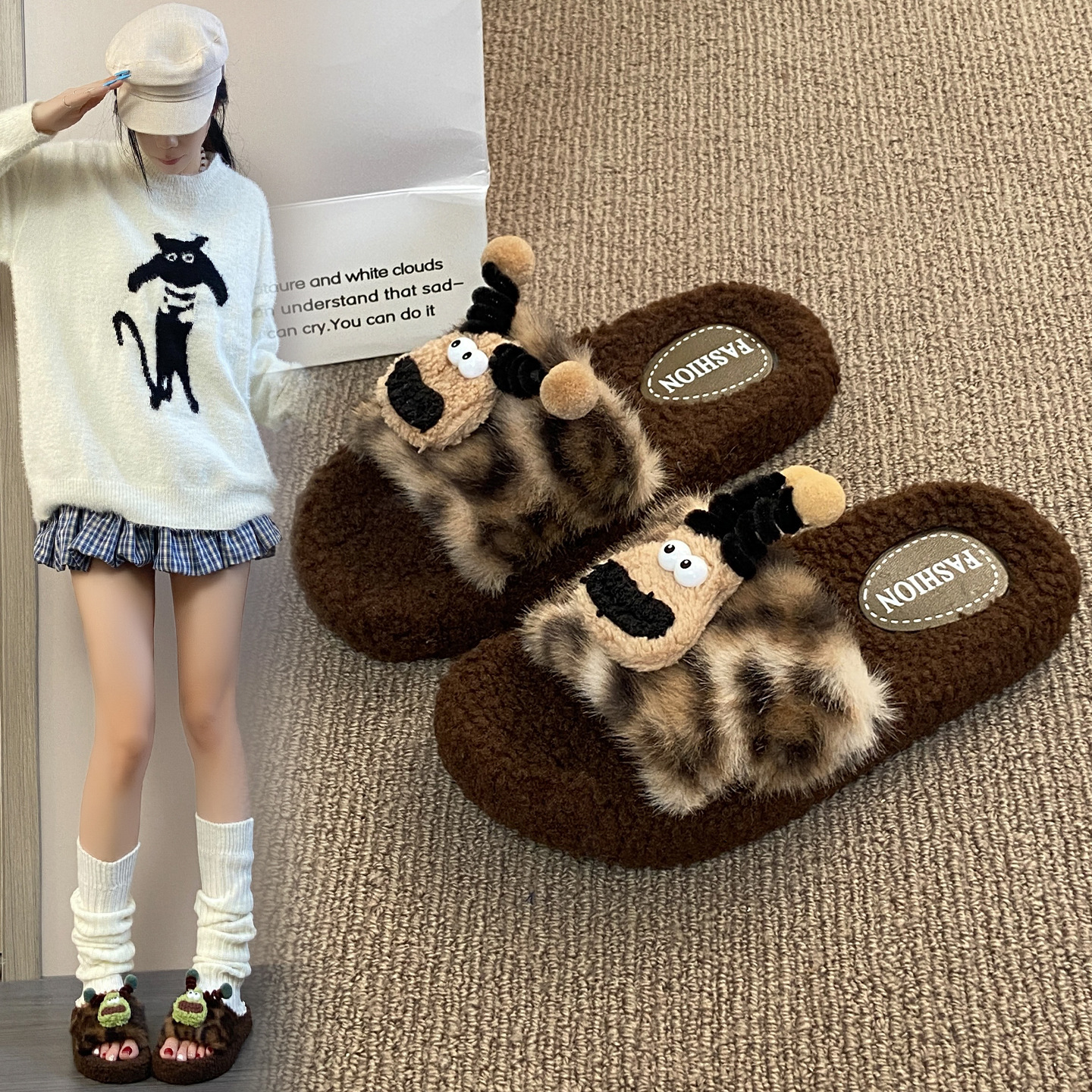 Women's Leopard Plush Thermal Slippers · YANYAN China shoe factory