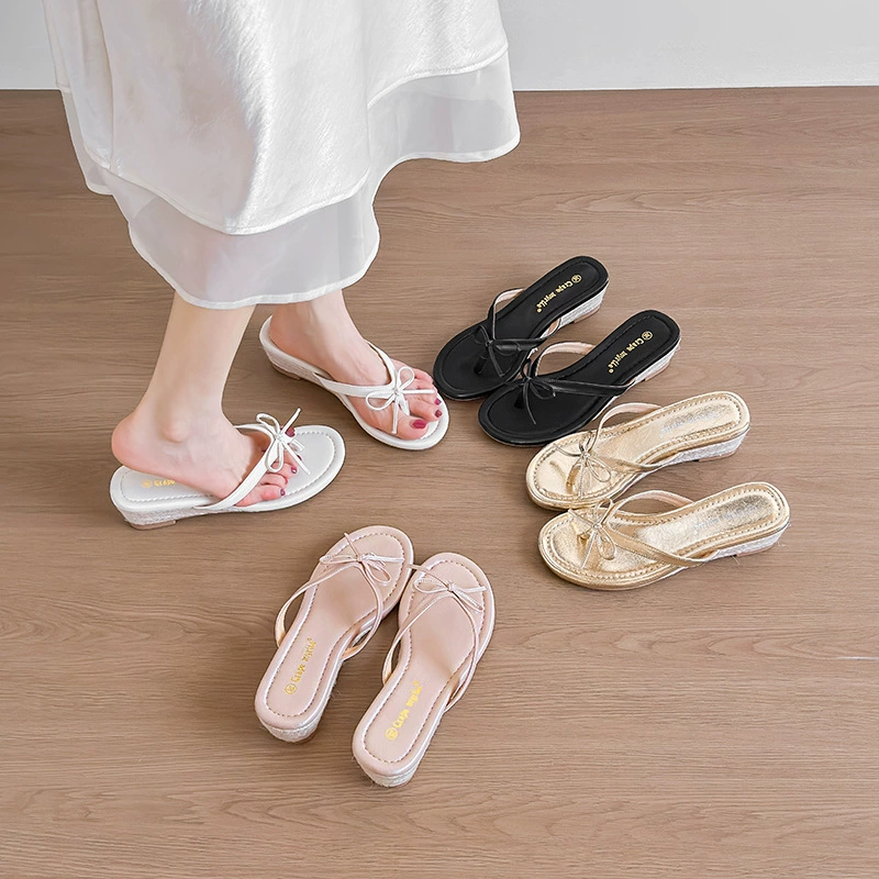 Damen Weichleder Sommer 5cm Keil Schleife Flip Flops Französisch Strand Slides Neu