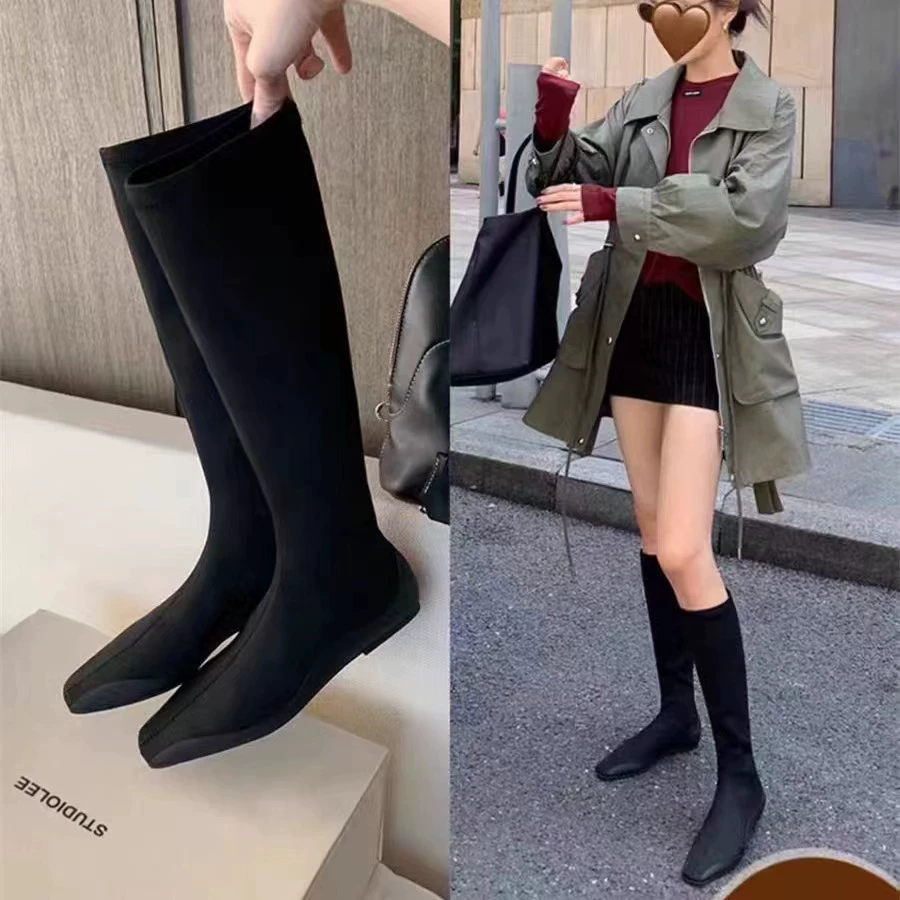 Nouvelles Femmes Bottines Plates Bout Carré Extensibles Mollet Fines Automne Hiver
