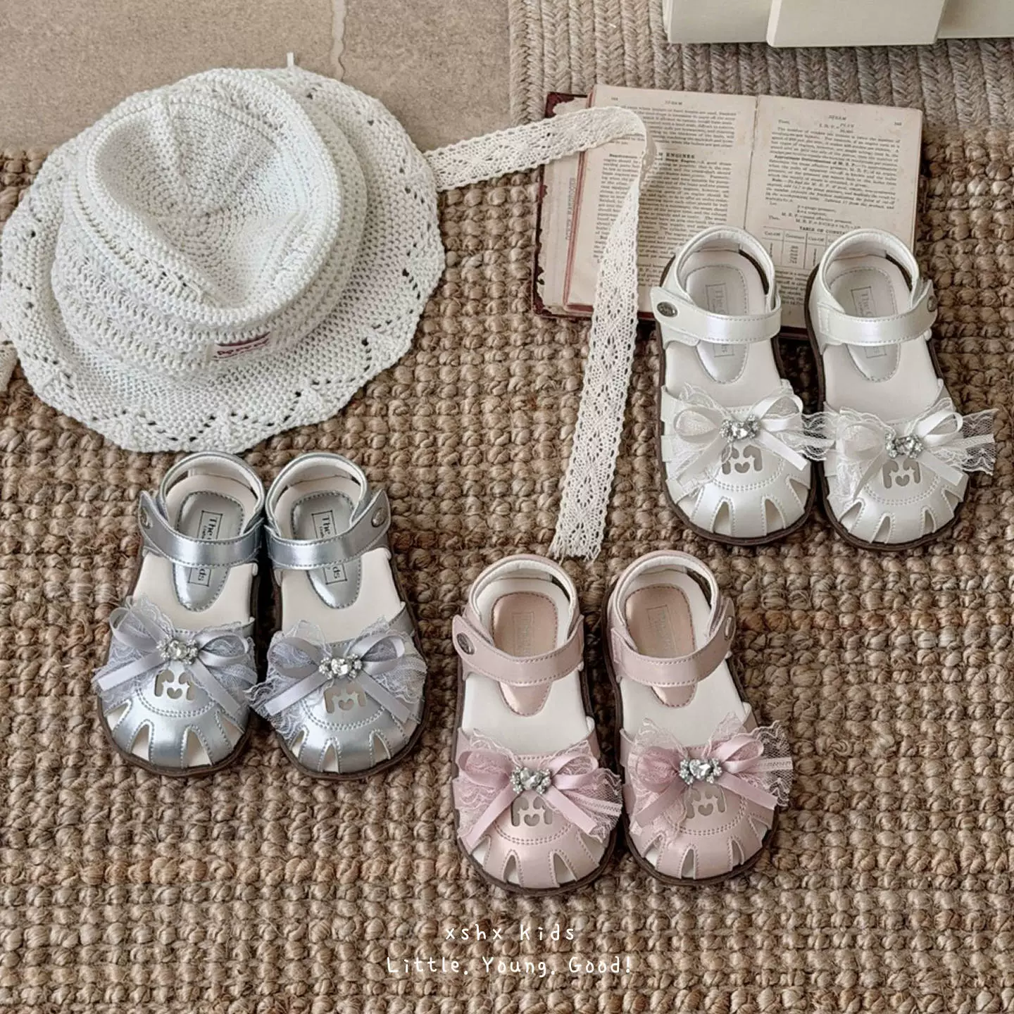 XSHX Sandalias de tacón hueco completas retro estilo palacio francés para niñas, funcionales, suela suave de goma, primavera-verano