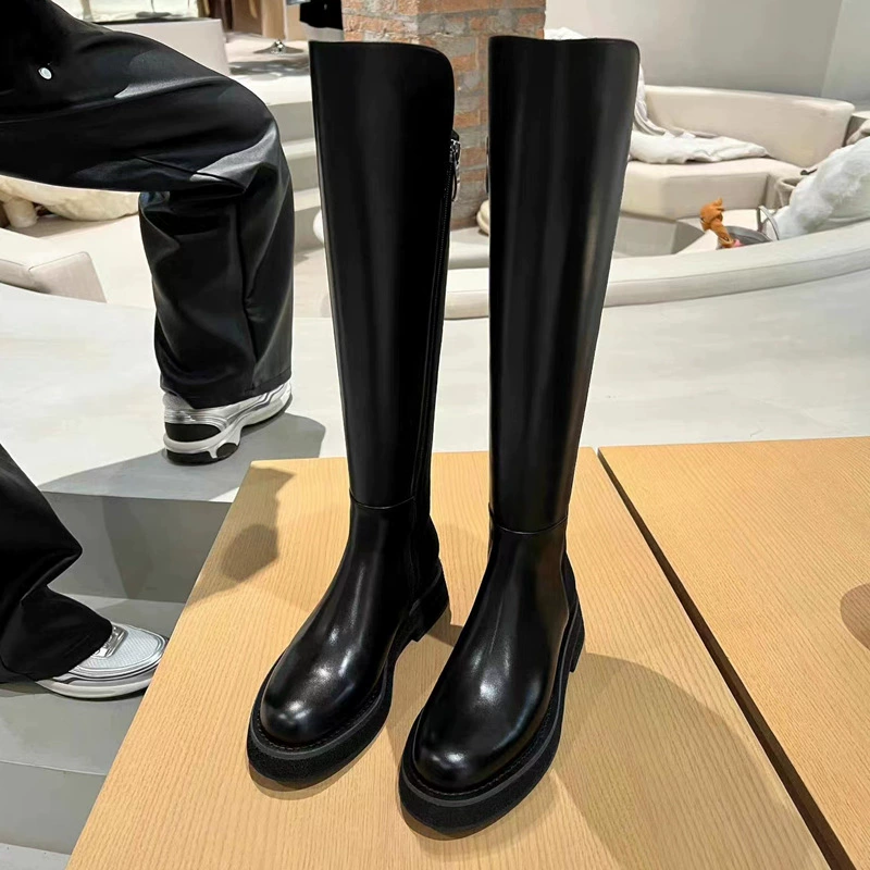 Nouvelles bottes automne hiver semelle épaisse petites longues extensibles knight femme cuir véritable haute