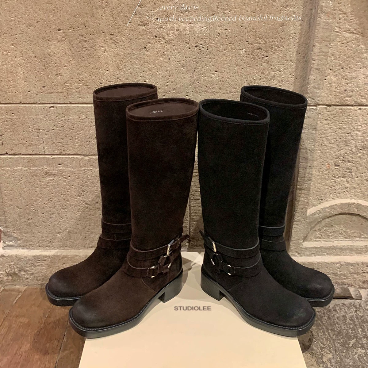 New 6cm Chunky Heel Long Leg Illusion Vintage Square Round Toe Buckle Strap Long Riding Boots for Women