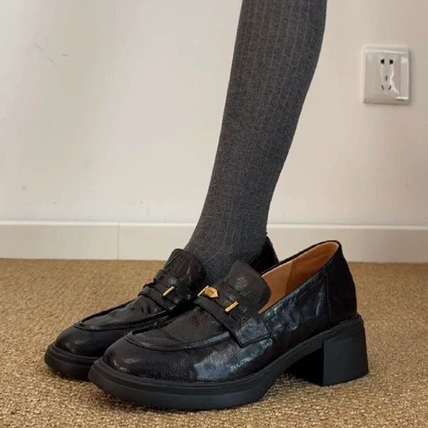 Mocasines Retro Británico Primavera Nuevo, Punta Redonda, Tacón Grueso, Mujer, Negro