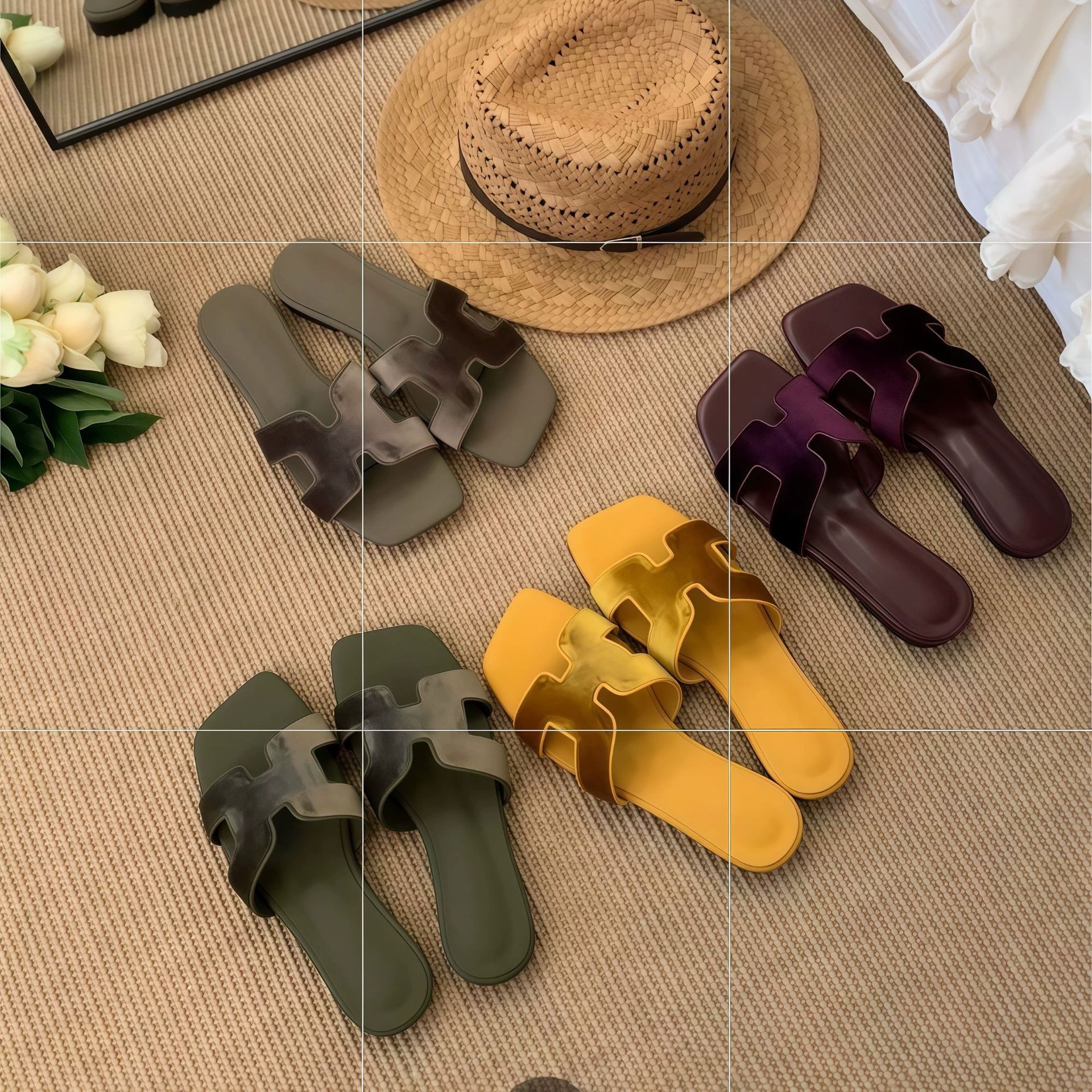 Chuyuji Korean High Sense Flat Peep Toe Slide Sandals, New Summer Beach