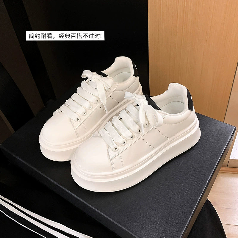 New Classic Round Toe Platform Lace Up White Sneakers for Women