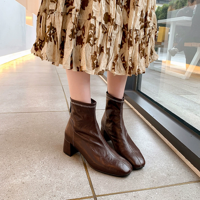 Women's Soft Leather French Square Toe Ankle Boots Korean Chunky Heel Fall Winter