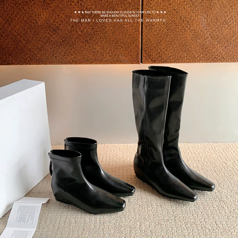 Botas Largas Mujer Altura Corta Altura Interior Otoño Invierno Delgadas Punta Cuadrada Caballero