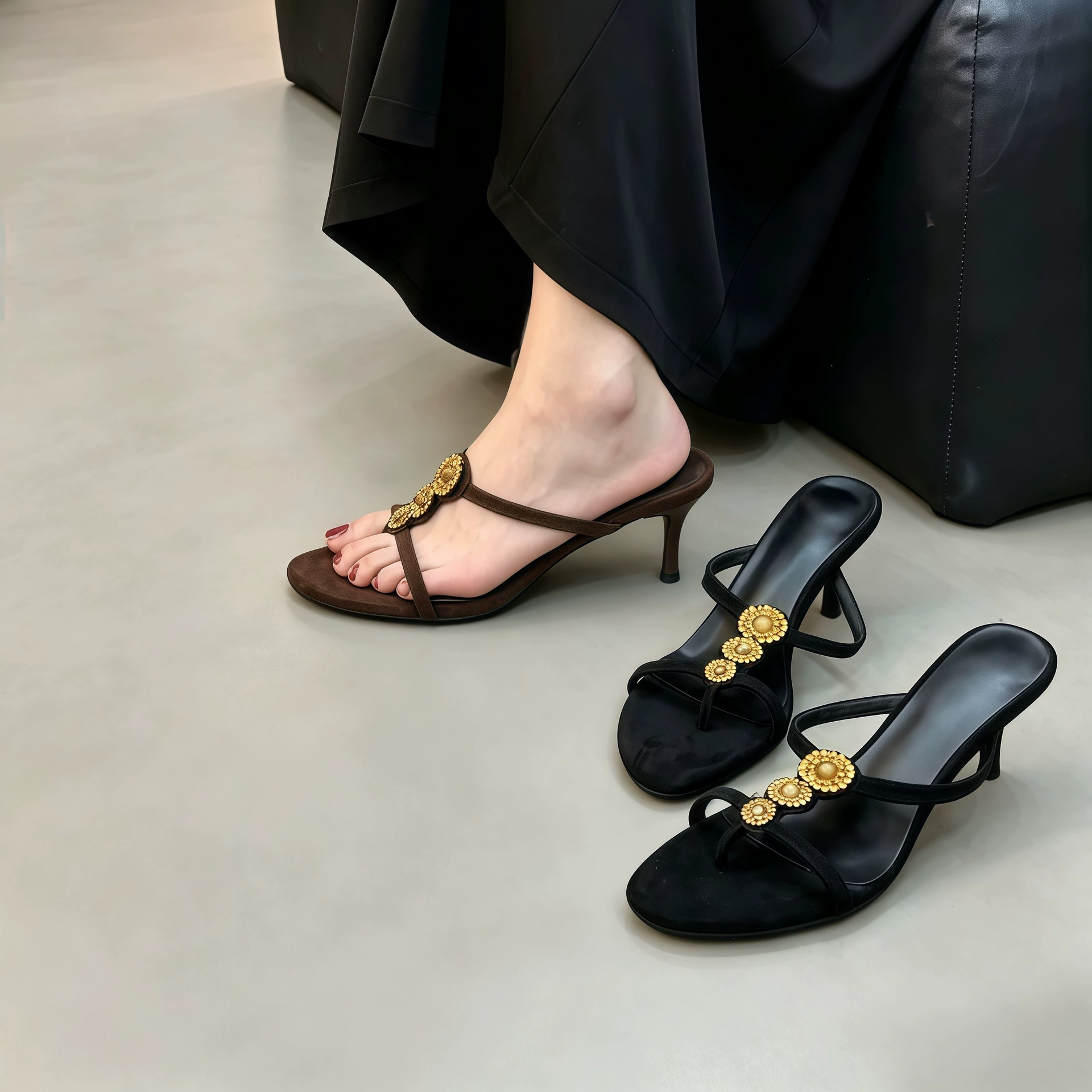 Sandalias francesas tipo thong con pedrería para mujer, chanclas de tacón de aguja de vestir