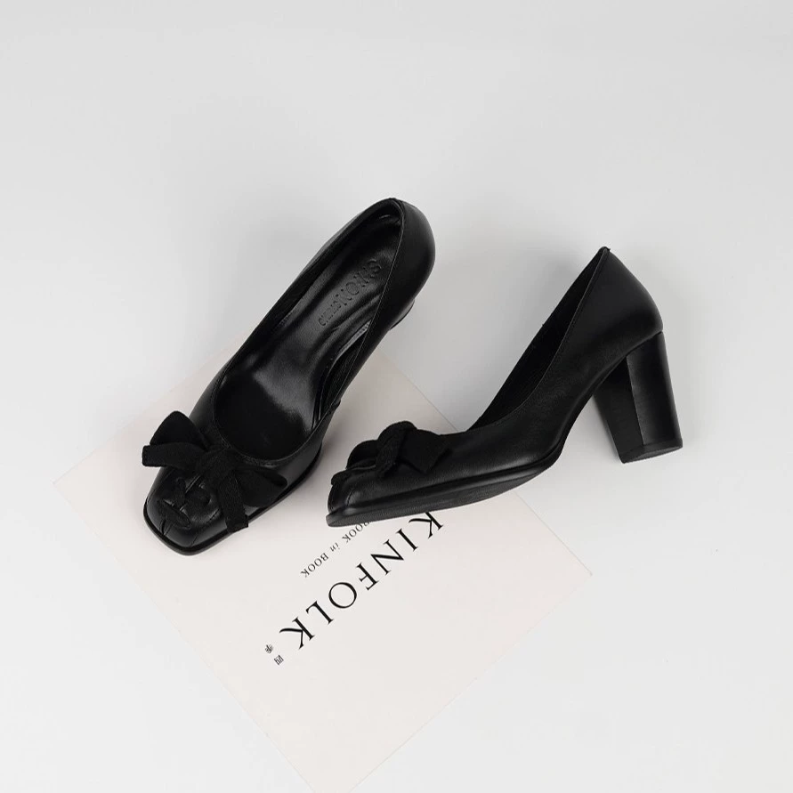 Damen Französische Retro Quadratspitze Pumps mit Schleife, Blockabsatz Büroschuhe