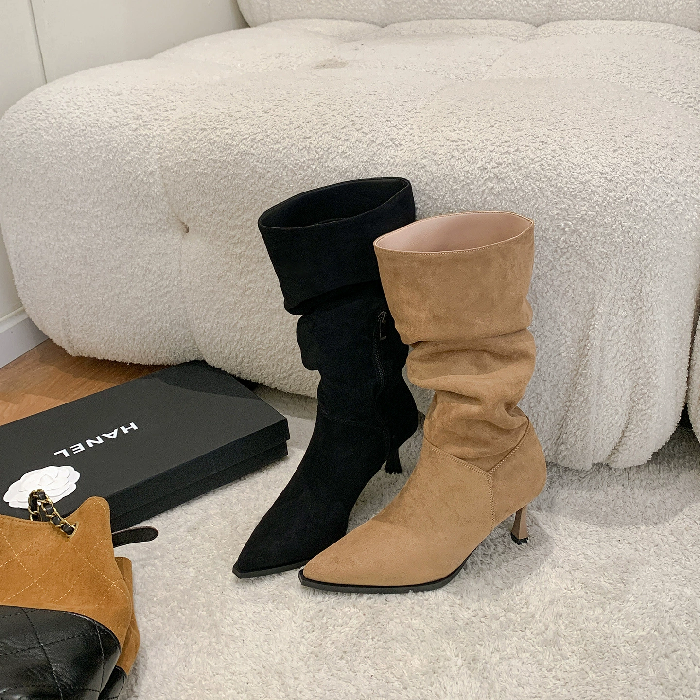 Botas altas para mujer con punta puntiaguda, ajuste ceñido, tacón apilado, caqui, 2025
