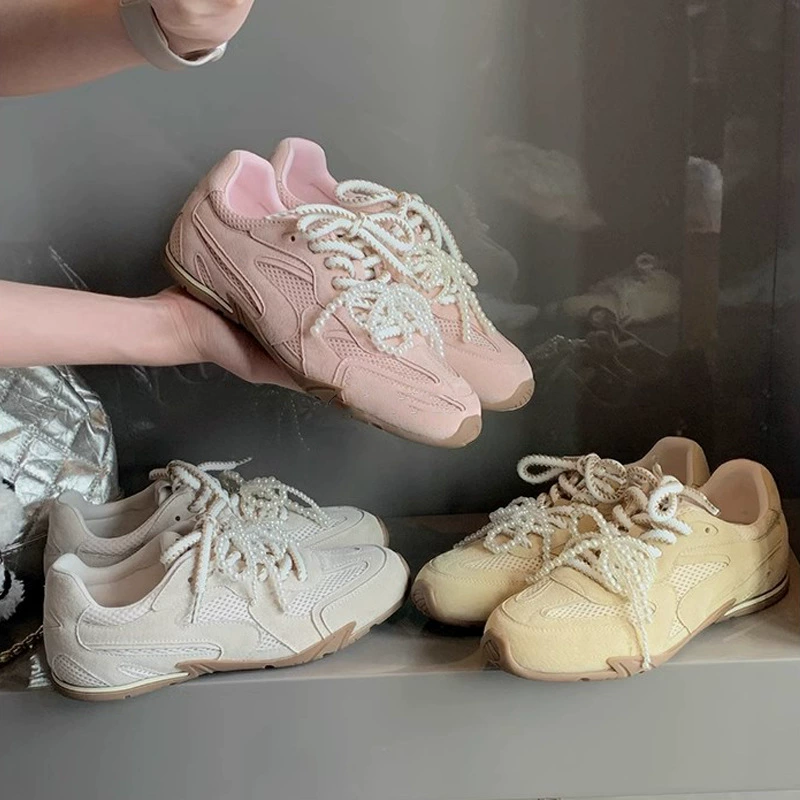 New Spring Pearl Double Strap Leather Height Increasing Ballet Sneakers