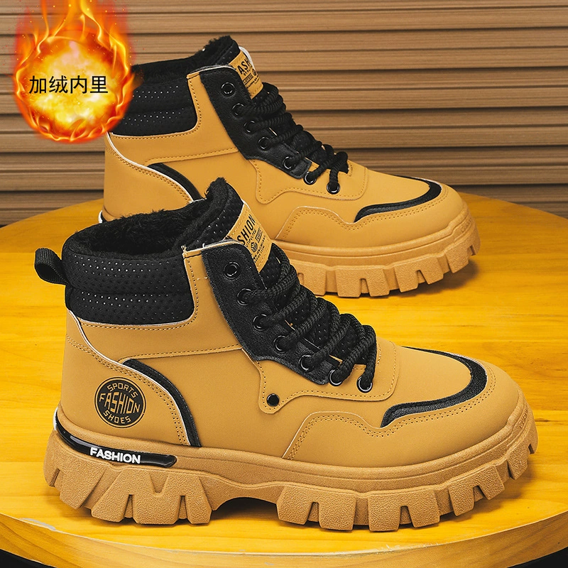Men's Winter Shoes Martin Boots Fleece Lined Warm High Top Fashion Versatile Work Shoes Non Slip Wear Resistant Thick Sole Boots