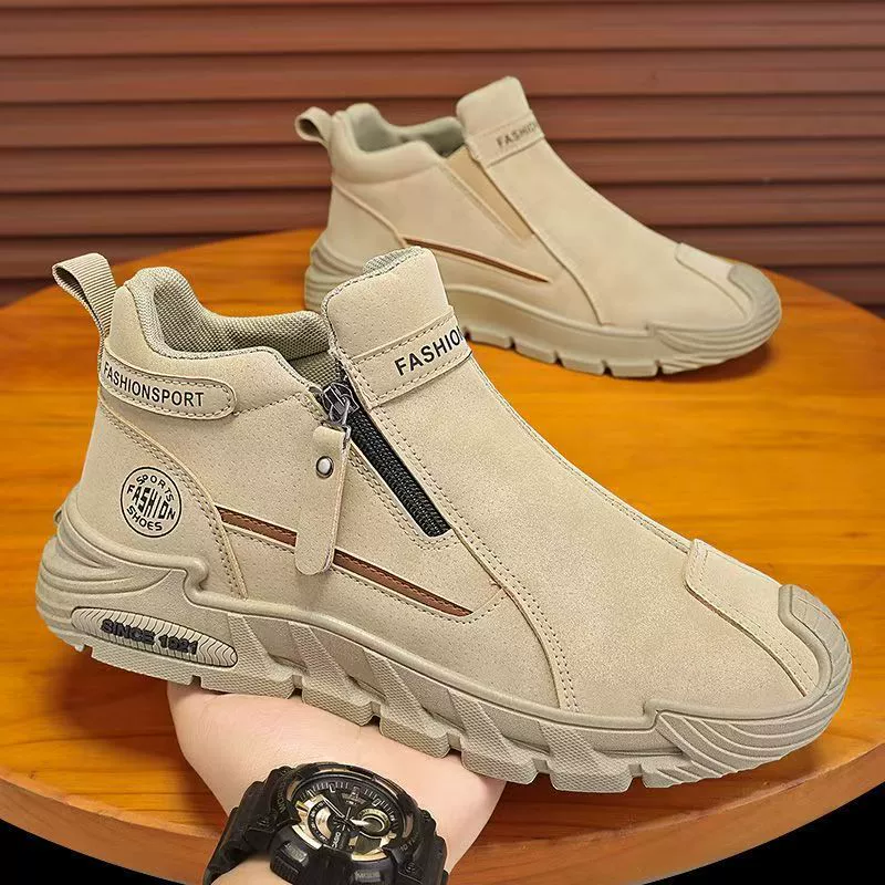 2025 Outono Novo Zíper Lateral Cano Médio Moda Sapatos de Trabalho Masculinos Sola Grossa Slip-On Casuais Botas Martin