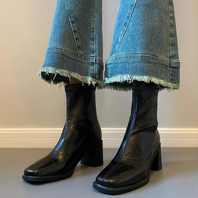 Genuine Leather High Heel Short Boots for Women, Square Toe Martin Boots, Petite French Chunky Heel Slim Fit Boots