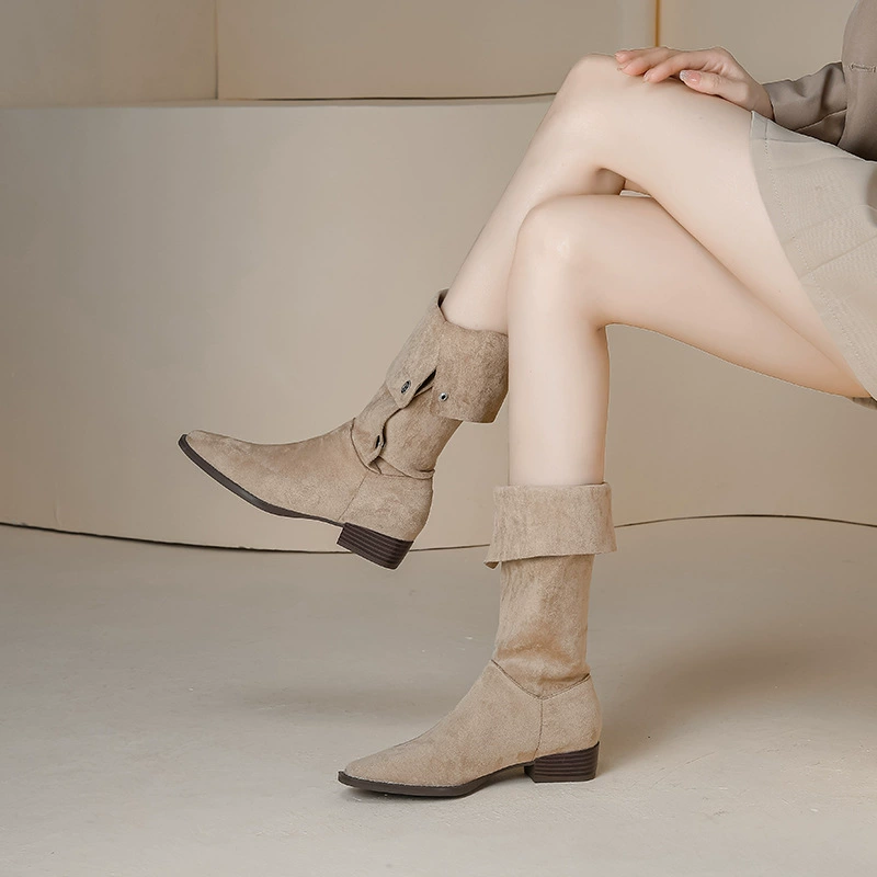 Nouvelles bottes western cowboy même style, femmes, design niche, bout carré, bottes pliées empilées, bottes de cavalière vintage