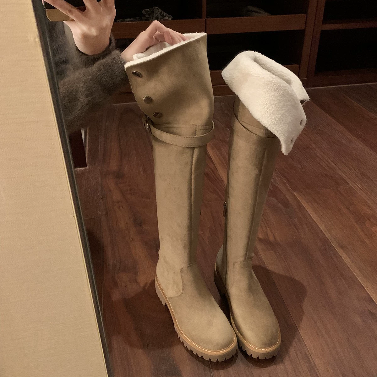 New Sheep Fur Warm Over-the-Knee Boots for Women, Winter Thick Sole Fur Lined Snow Boots