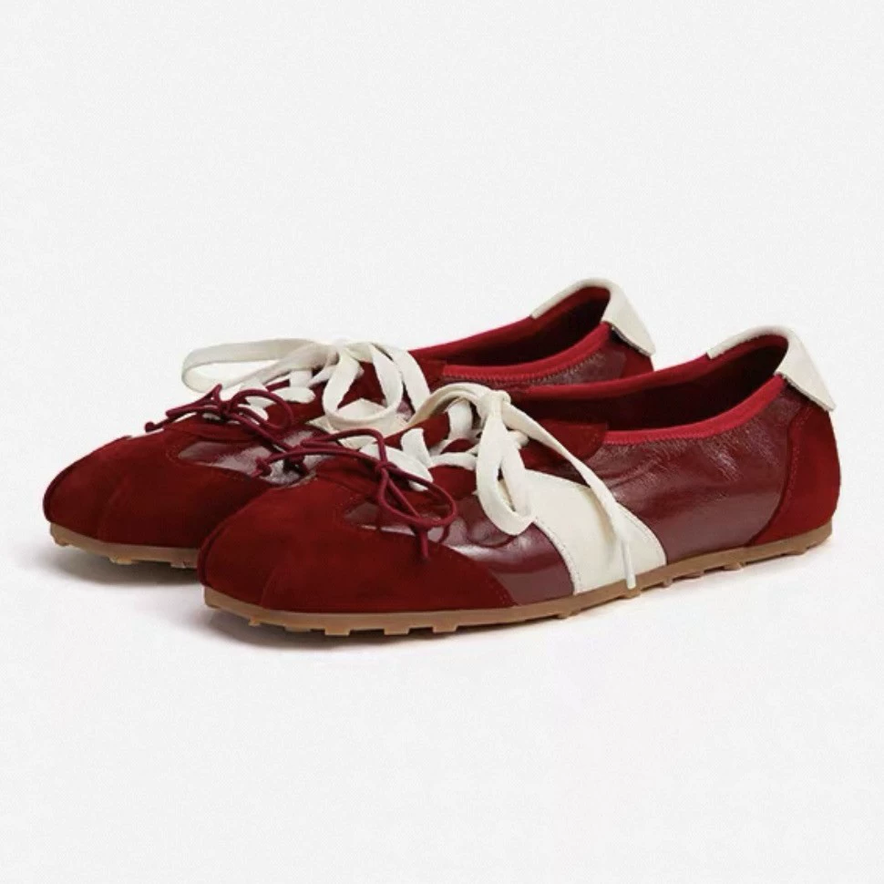 Women's Sporty Red Bow Ballet Flats 2025 Summer Lace-Up German Trainer Sneakers