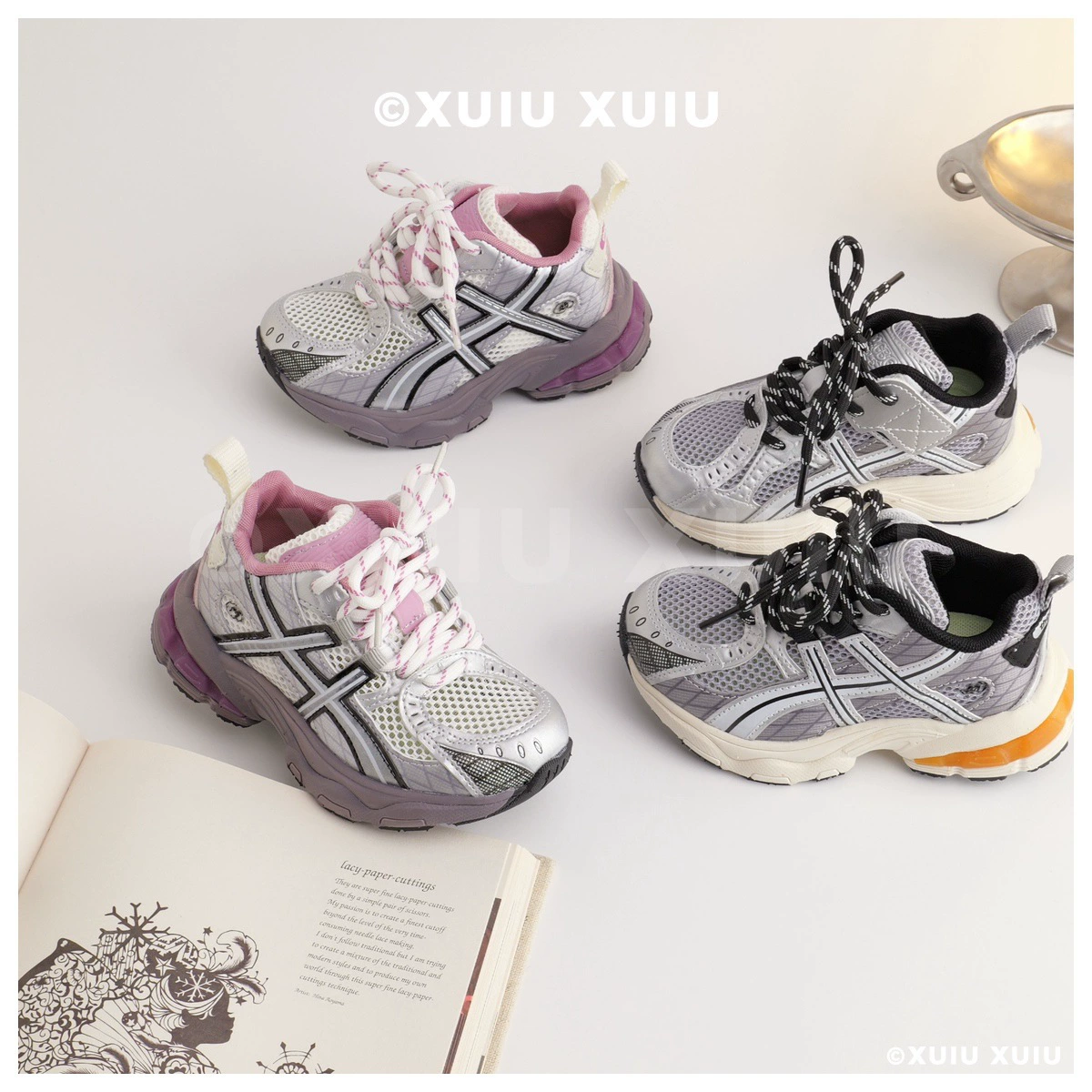 XSHX Japonés Retro Zapatillas Gruesas para Niños, Malla Transpirable, Velcro Oculto Primavera Verano