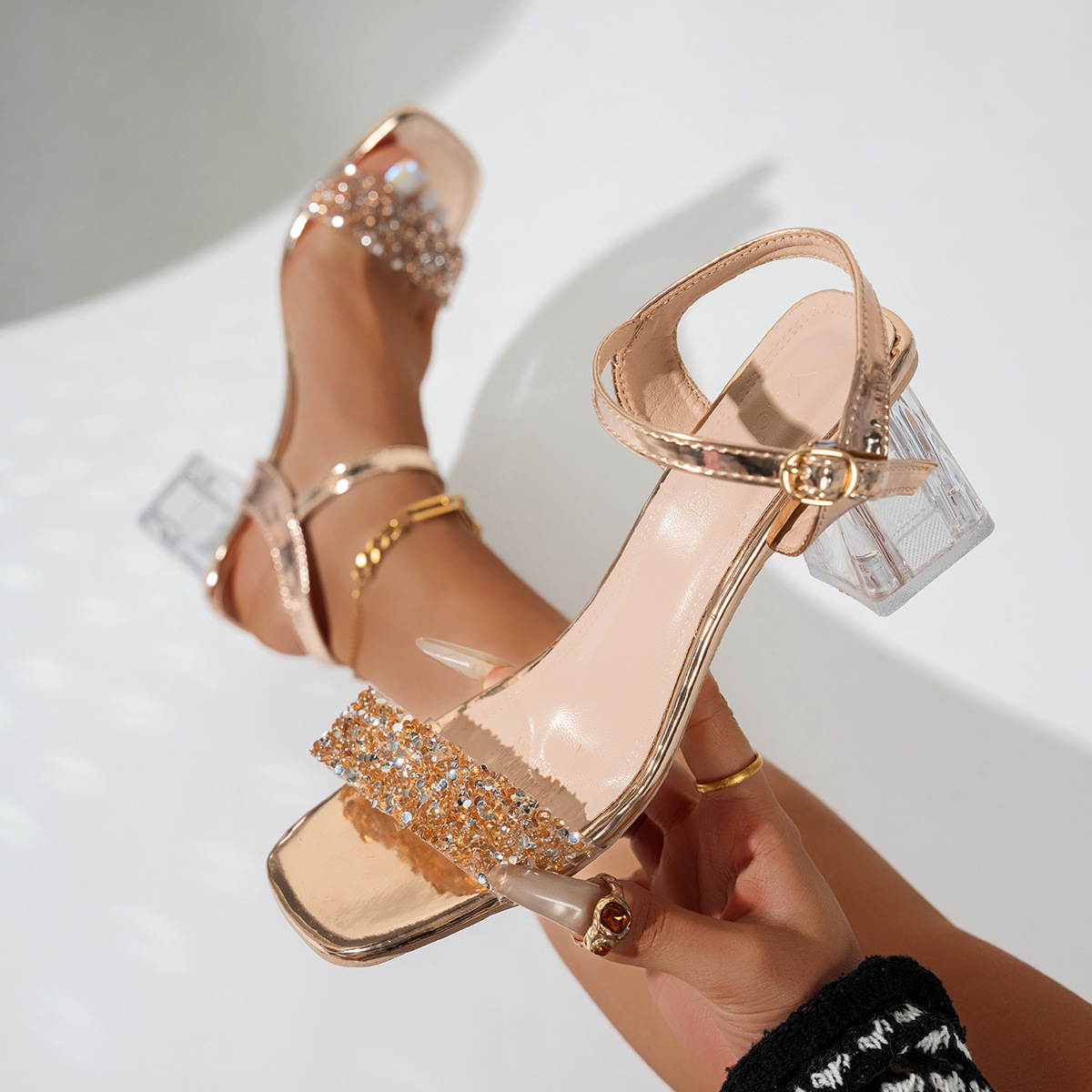 Women's Sequin Chunky Heel Sandals · YANYAN China shoe factory