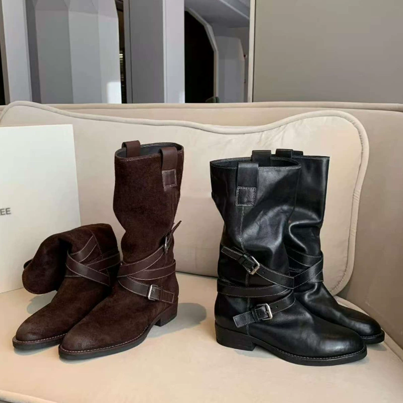 New 4cm Heel Pointed Round Toe Slim Fit Buckle Strap Mid-Calf Riding Boots for Women