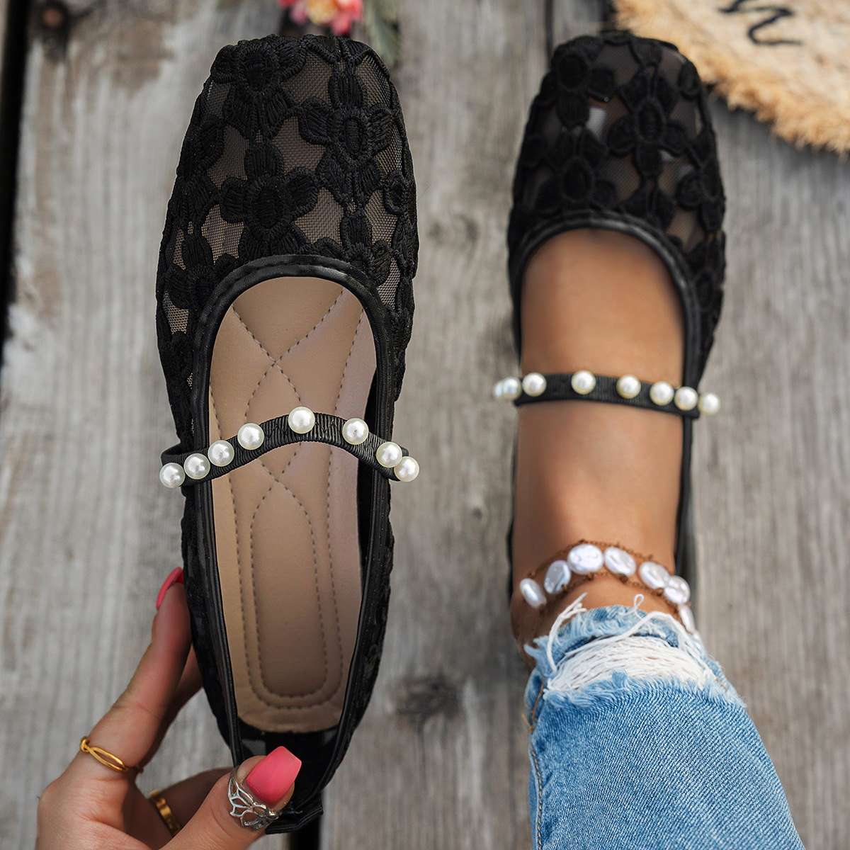 Women's Square Toe Pearl Mary Jane Shoes · YANYAN China shoe factory