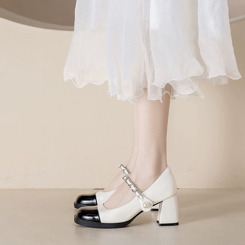 Sapatos Mary Jane Salto Grosso Chanel Bloco de Cores Couro Patente Pérola Salto Femininos Mary Jane