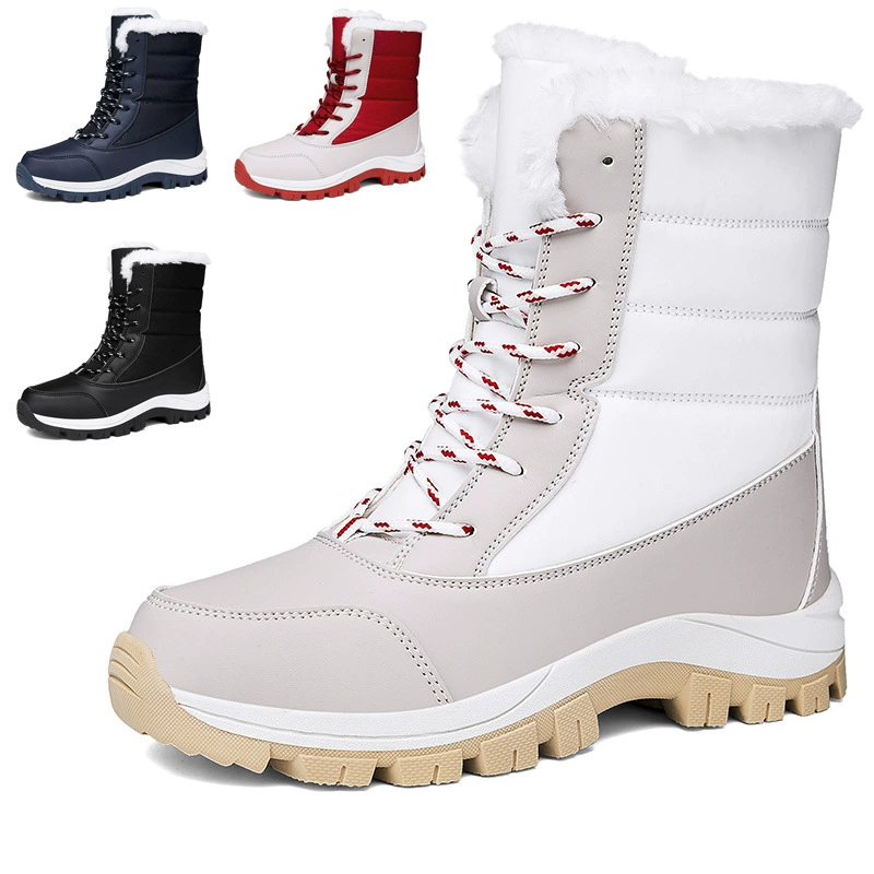 New Plus Size Winter Warm Lined High Top Snow Boots Women Lace Up Fur Boots Color Block