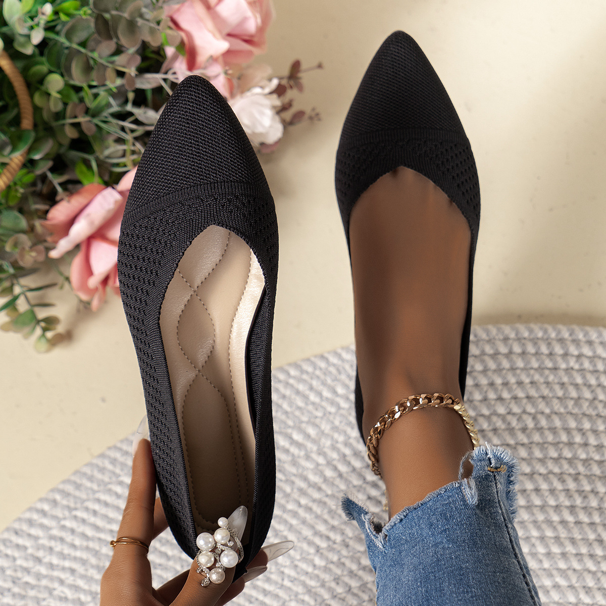 Women's Pointed Toe Knit Flats · YANYAN China shoe factory