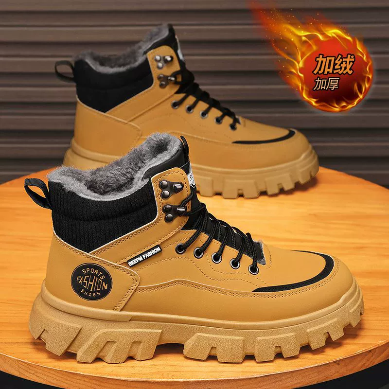Martin Stiefel Herren Herbst Winter High-Top Britisch Arbeit Gelbe Stiefel Fleece Gefüttert Baumwolle Schuhe Dicke Sohle Outdoor Wasserdicht Leder Stiefel
