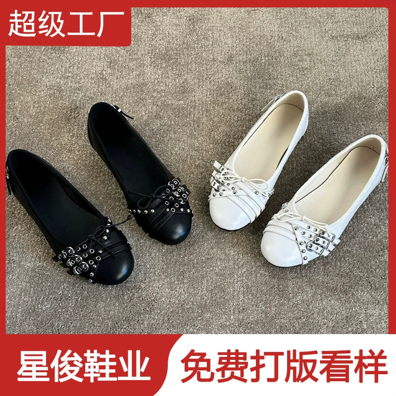 Punk-Schleife runde Zehen-Ballerinas für Damen, Frühling-Herbst lässige Schlupfschuhe · MOHE China shoe factory