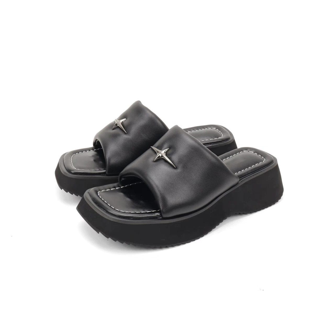 Frühling/Sommer neue schwarze Kreuzstern dicke Sohle Slide-Sandalen für Damen 2025, Vintage schick