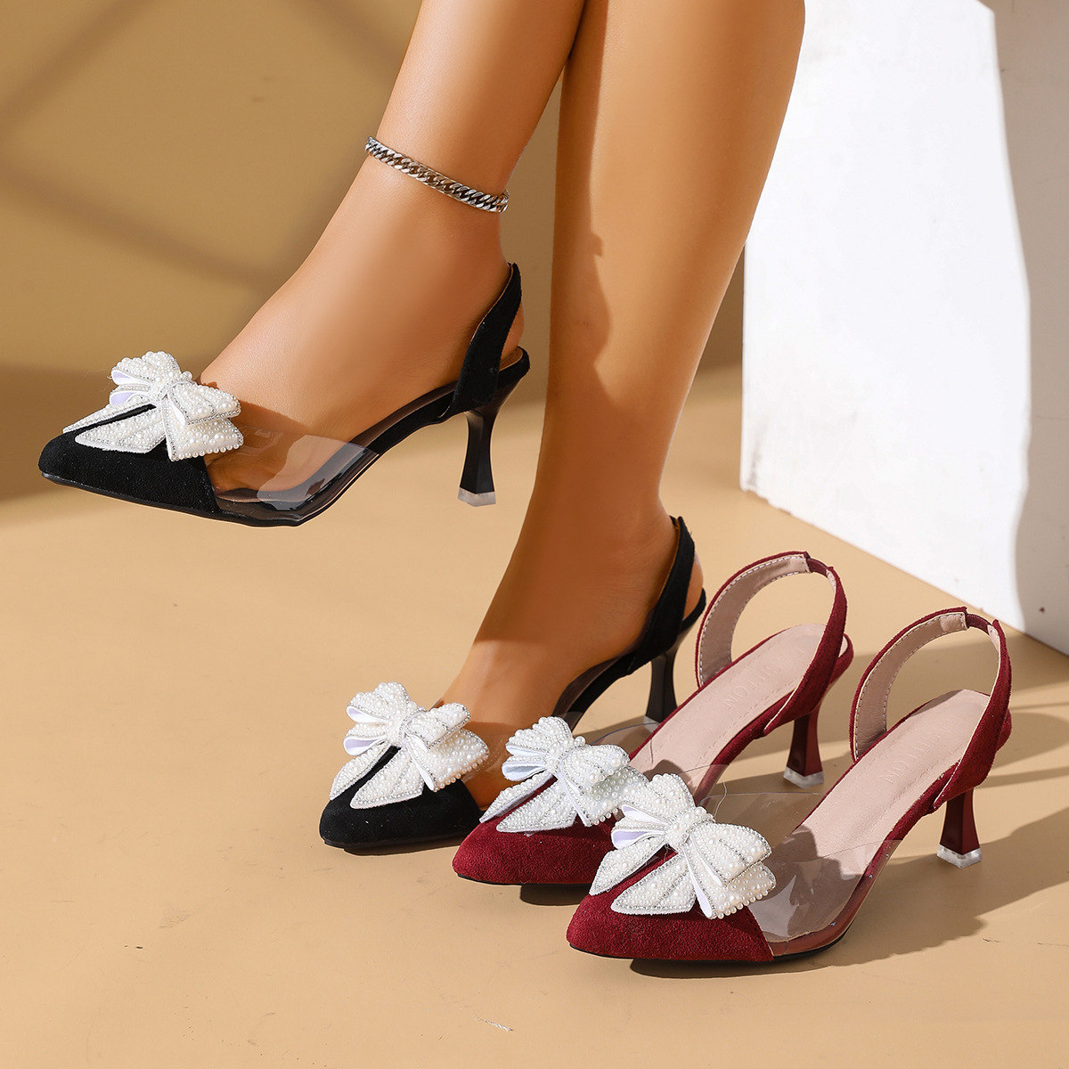 Women's Pointed Toe Bow Pearl Heels · YANYAN China shoe factory