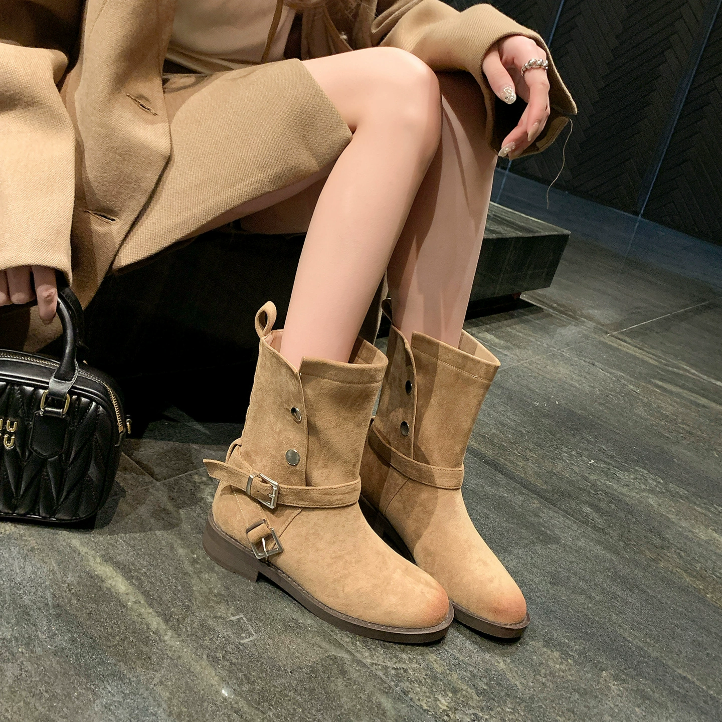 Botas de media caña de montar occidentales para mujer, otoño invierno, ante, tacón de 3.5 cm, vintage, desgastadas, vuelta hacia abajo, hebilla con correa, tacón grueso