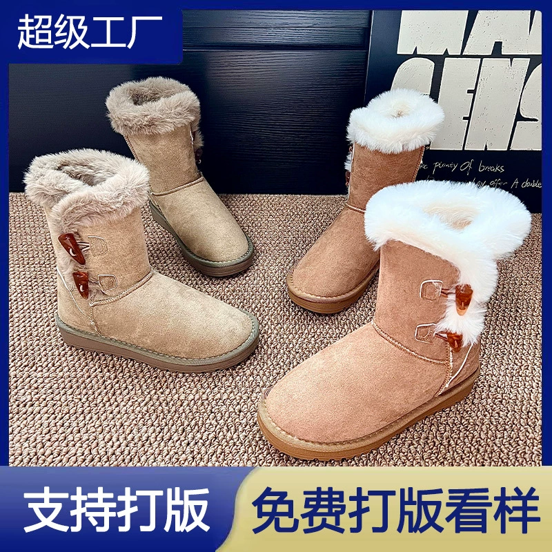2025 Inverno Botas de Neve Fivela Sola Grossa Femininas Moda Quentes Antiderrapantes Algodão