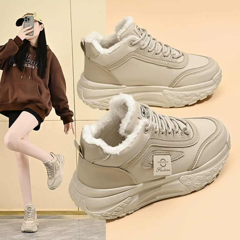 Женские зимние высокие кроссовки Dad Shoes 2025, с флисовой подкладкой, толстая подошва, повседневные кеды Q039