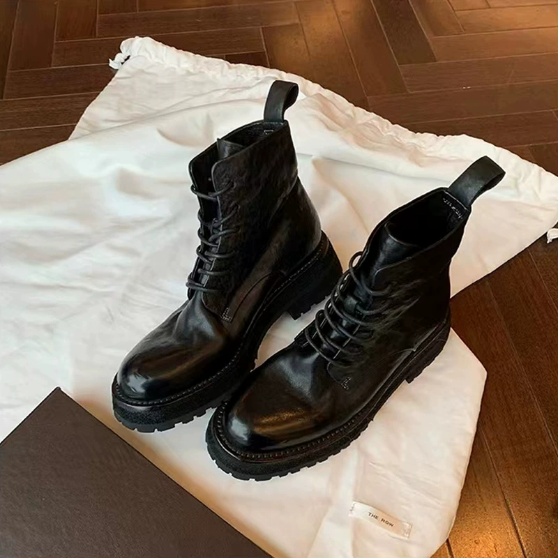 Mesmo Estilo Botas Curtas Outono Inverno Couro de Cavalo Lavado Encolhido Bico Redondo Amarração Britânica Plataforma Martin Femininas
