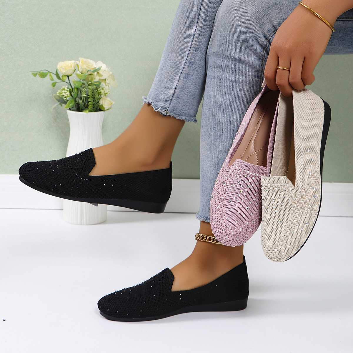 Women's Rhinestone Flyknit Slip-On Flats · YANYAN China shoe factory