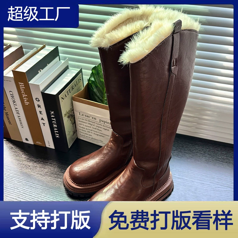 2025 Bottes de cavalière montantes, bout rond, rétro, pour femmes, à zip, chaudes