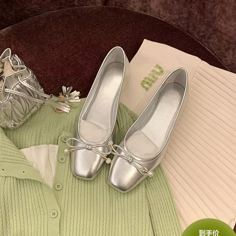 Women's Ballet Flats with Round Toe, Bow and Pearl Decor, Flat Sole