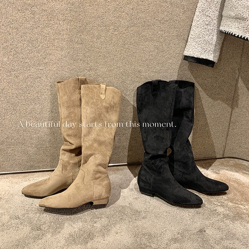 Women's V-Cut Pointed Toe Suede Chunky Heel High Knee Western Boots Fall Winter