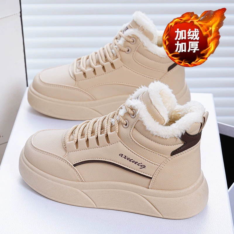 Zapatos Blancos Altos Forrados de Vellón Invierno Mujer Coreanos Suela Gruesa Deportivos Casual Cálidos Zapatos de Algodón Botas Cortas