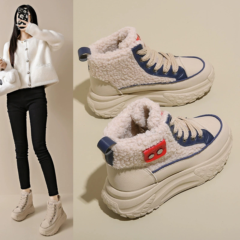 Baskets montantes blanches doublées polaire pour femme, hiver 2025, chaudes, style coréen K6701