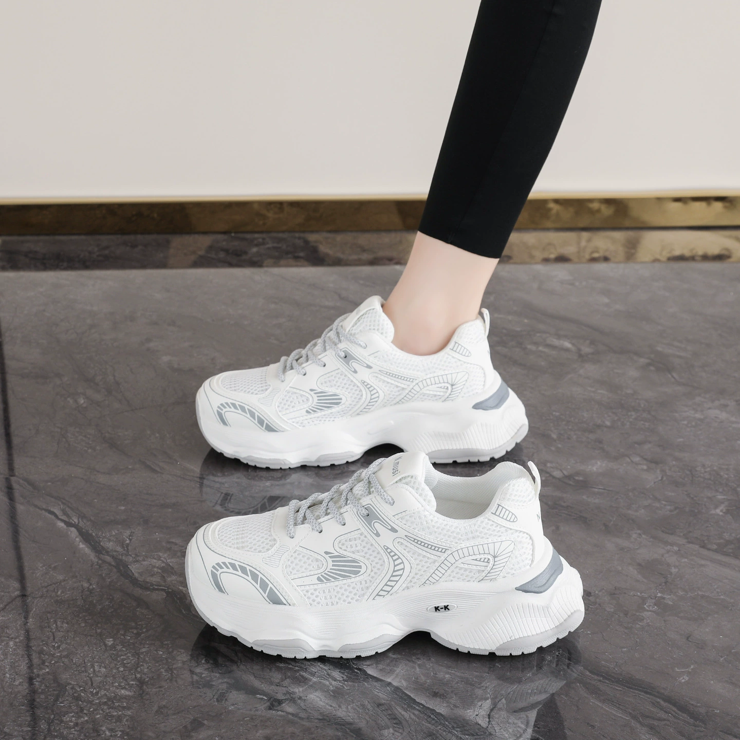 Zapatillas de malla transpirable para mujer, otoño, suela gruesa, chunky, casuales